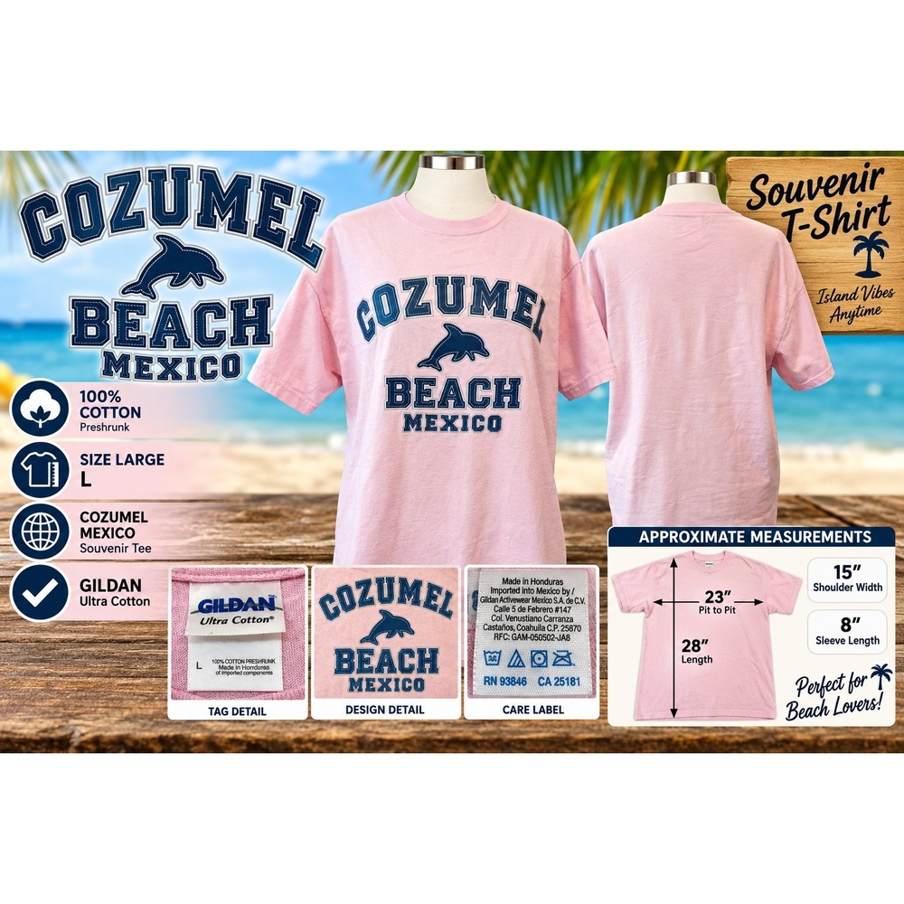 Gildan Cozumel Beach Mexico Souvenir T-Shirt Pink Dolphin Graphic Large